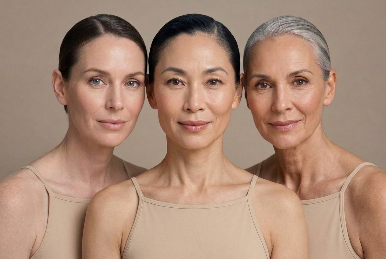 Studio portrait of three women in their 30s, 40s and 60s with sleek pulled-back hair and beige thin-strapped singlets